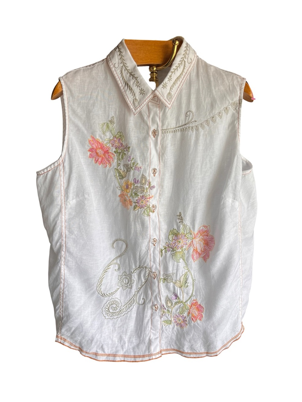 Carole Little White Sleeveless 100% Linen Button-Down Floral Embroidered Top 1X